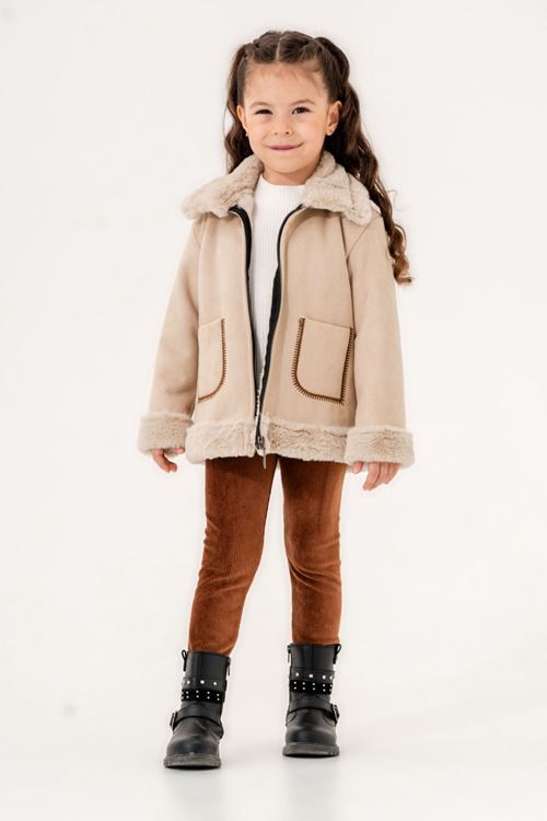 Miniğimin Cicileri Kürklü Süet Montlu Kız Çocuk 3'Lü Takım - Bej