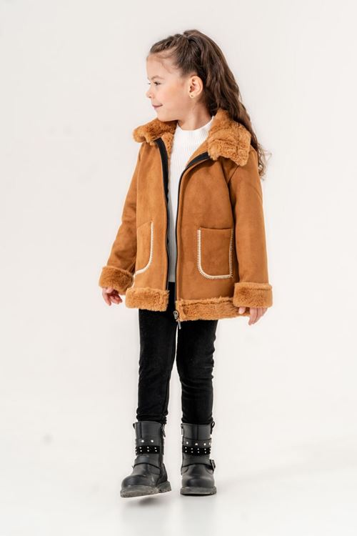 Miniğimin Cicileri Kürklü Süet Montlu Kız Çocuk 3'Lü Takım - Tarçın