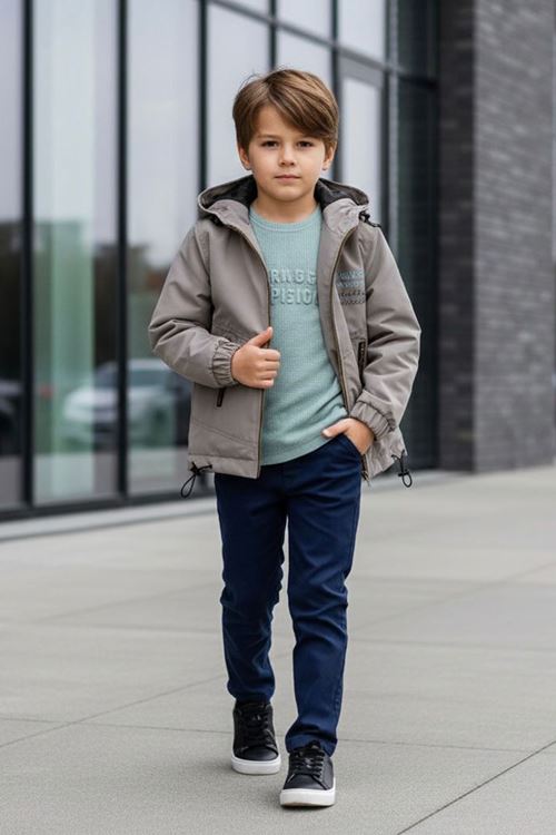 Miniğimin Cicileri Fermuarlı Kapüşonlu Erkek Çocuk Kışlık 3’lü Kombin - Gri