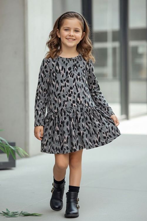 Miniğimin Cicileri Leopar Desenli Uzun Kollu Kız Çocuk Kışlık Triko Elbise - Gri
