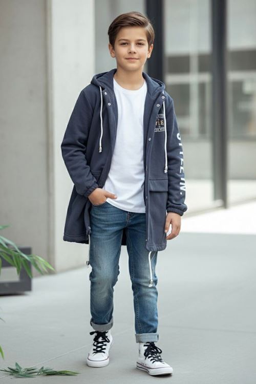 Miniğimin Cicileri Kapüşonlu Style Baskılı Erkek Çocuk Kışlık Hırka  - Lacivert