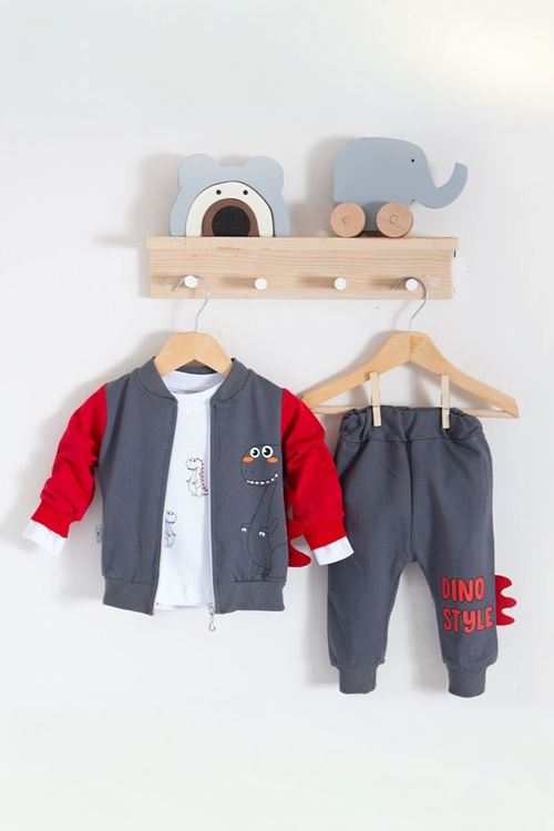 Miniğimin Cicileri Dino Desenli Erkek Bebek 3 lü Takım - Kırmızı