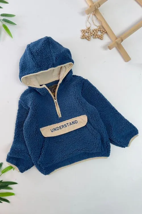 Miniğimin Cicileri Kanguru Cep Detaylı Kapüşonlu Unisex Çocuk Polar Sweat - Mavi
