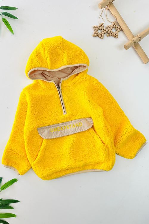 Miniğimin Cicileri Kanguru Cep Detaylı Kapüşonlu Unisex Çocuk Polar Sweat - Sarı