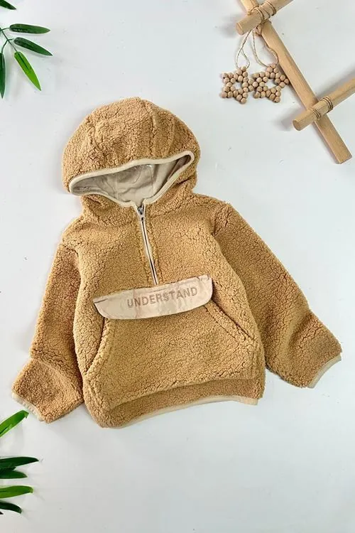 Miniğimin Cicileri Kanguru Cep Detaylı Kapüşonlu Unisex Çocuk Polar Sweat - Açık Kahve