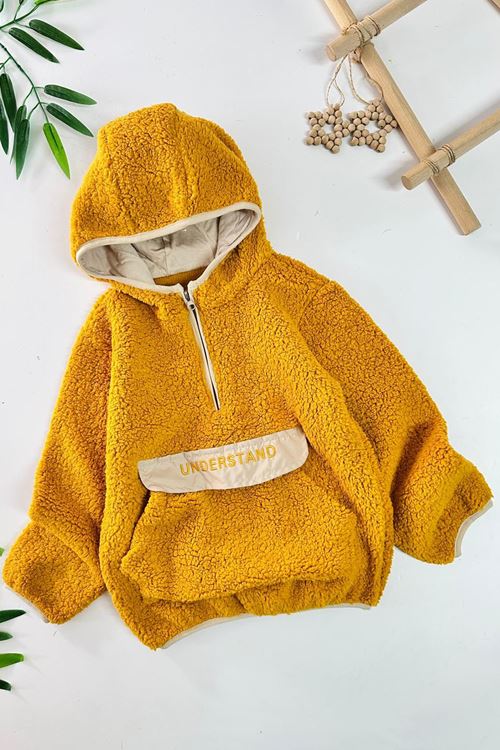 Miniğimin Cicileri Kanguru Cep Detaylı Kapüşonlu Unisex Çocuk Polar Sweat - Hardal