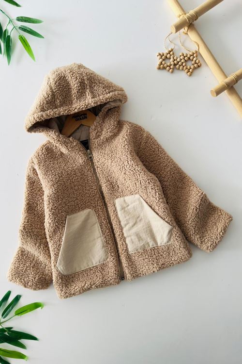 Miniğimin Cicileri Cep Detaylı Kapüşonlu Unisex Çocuk Welsoft Hırka - Kahve Köpüğü