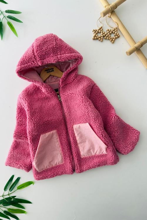 Miniğimin Cicileri Cep Detaylı Kapüşonlu Unisex Çocuk Welsoft Hırka - Fuşya