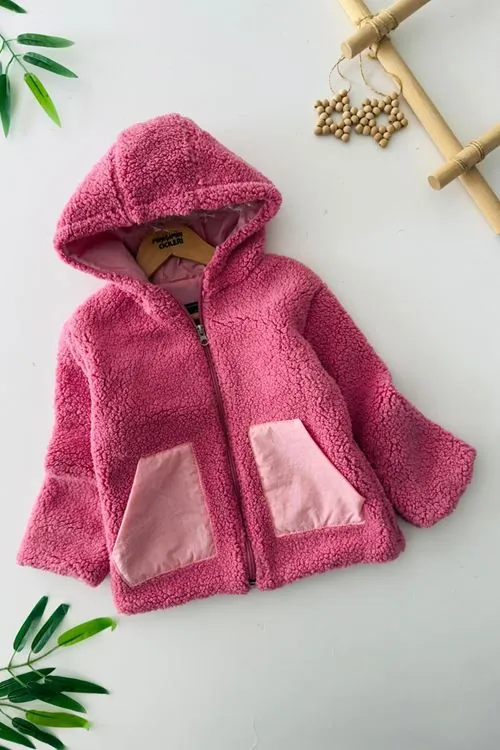 Miniğimin Cicileri Cep Detaylı Kapüşonlu Unisex Çocuk Welsoft Hırka - Fuşya