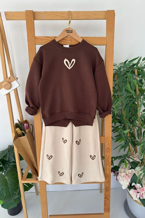 Miniğimin Cicileri Kalp İşleme Detaylı Kız Çocuk 2 li Takım - Kahverengi