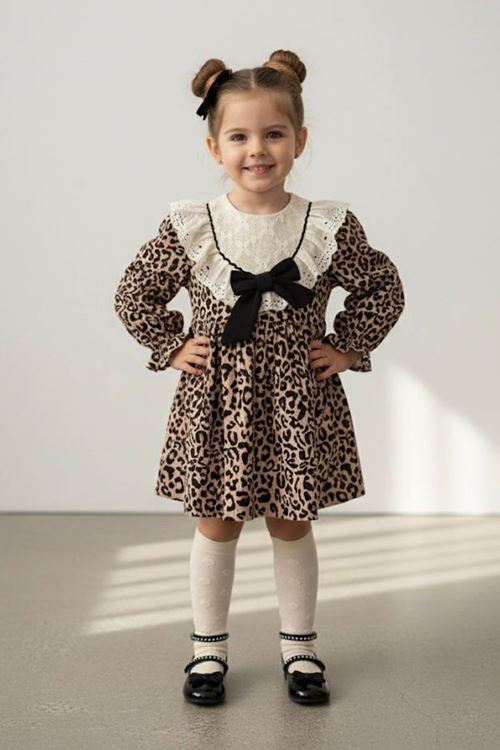 Miniğimin Cicileri Fistolu Yaka Leopar Desenli Kız Elbise - Kahve