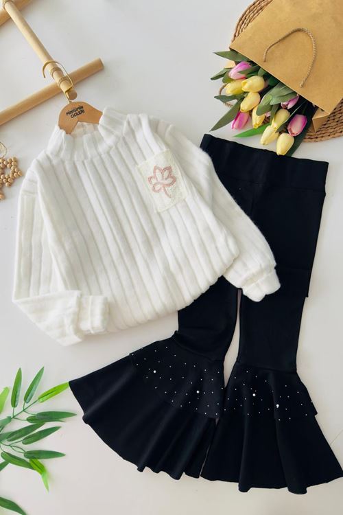 Miniğimin Cicileri Yumoş Cep Yaprak Örgü Detaylı Kız Çocuk İspanyol Takım - Beyaz