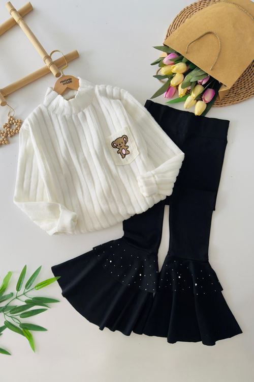 Miniğimin Cicileri Yumoş Cep Ayıcık Örgü Detaylı Kız Çocuk İspanyol Takım - Beyaz