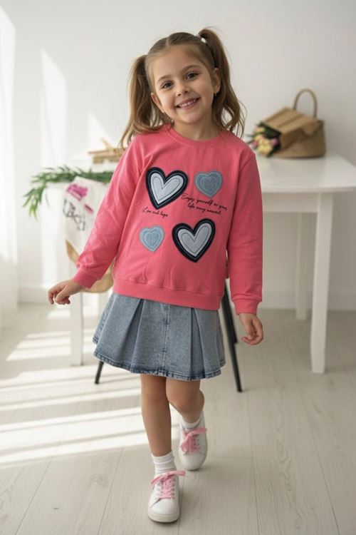 Miniğimin Cicileri Kalp Detaylı Kot Etekli Kız Çocuk 2 li Takım - Fuşya
