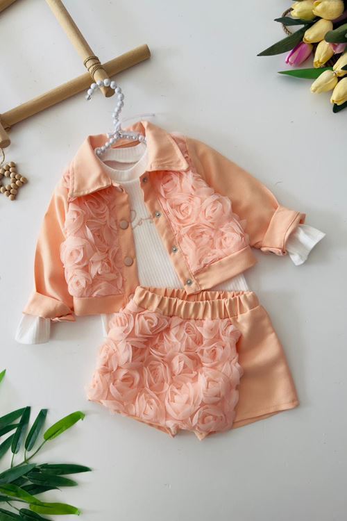 Miniğimin Cicileri Dokulu Gül Detaylı Kız Çocuk 3 lü Takım - Somon