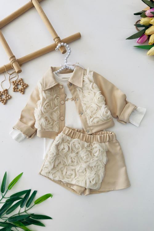 Miniğimin Cicileri Dokulu Gül Detaylı Kız Çocuk 3 lü Takım - Krem