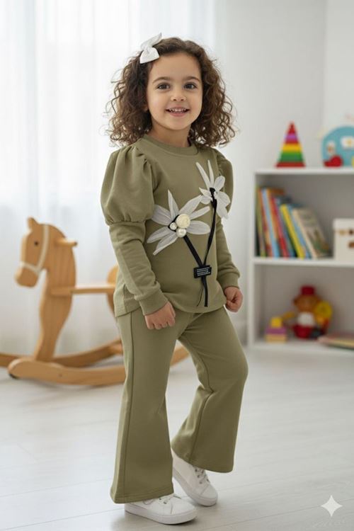 Miniğimin Cicileri Prenses Kol Detaylı Çiçekli Kız Çocuk 2 li Takım - Haki