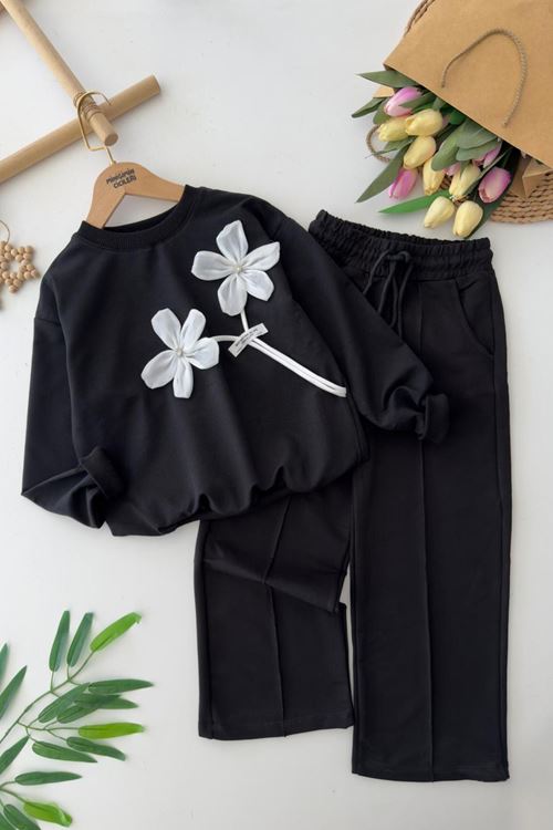 Miniğimin Cicileri 3D Çiçek Aplikeli Siyah Kız Çocuk Takımı - Siyah Beyaz