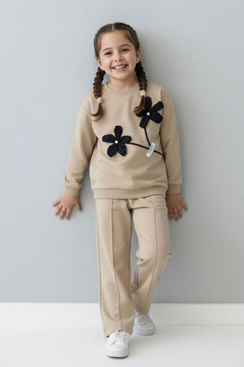 Miniğimin Cicileri 3D Çiçek Aplikeli Siyah Kız Çocuk Takımı - Zeytin Yeşili