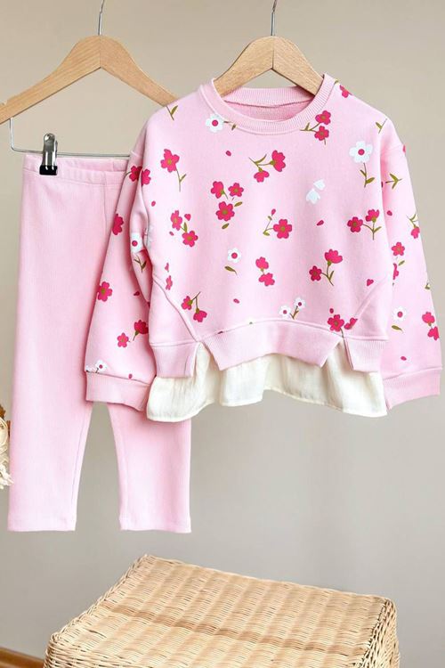 Miniğimin Cicileri Çiçek Baskılı Gömlek Detaylı Kız Çocuk 2 li Takım - Pembe