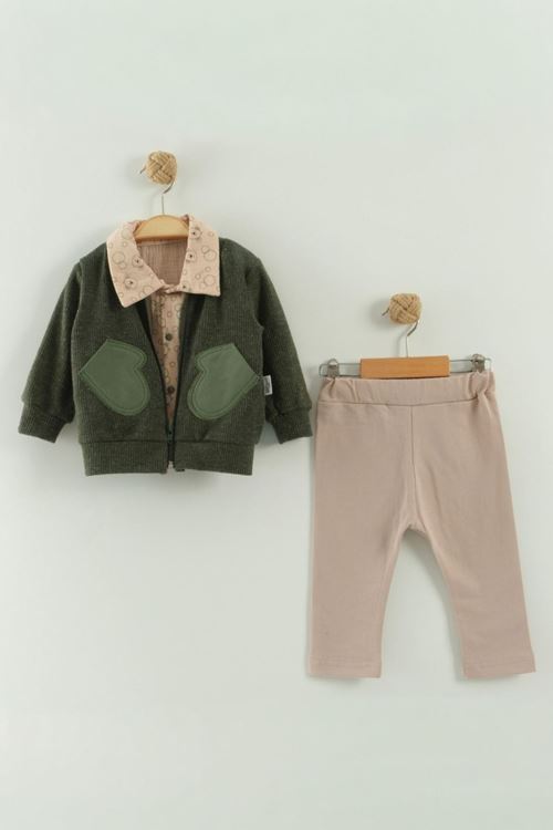 Miniğimin Cicileri Cepli Köpek BaskılıGömlekli Erkek Bebek 3’lü Takım - Yeşil