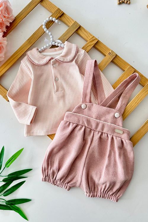 Miniğimin Cicileri Kışlık Kız Bebek Askılı Şort Tulum (Salopet) Takım - Pudra