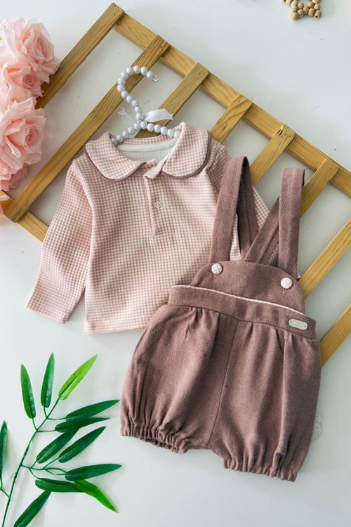 Miniğimin Cicileri Kışlık Kız Bebek Askılı Şort Tulum (Salopet) Takım - Gül Kurusu