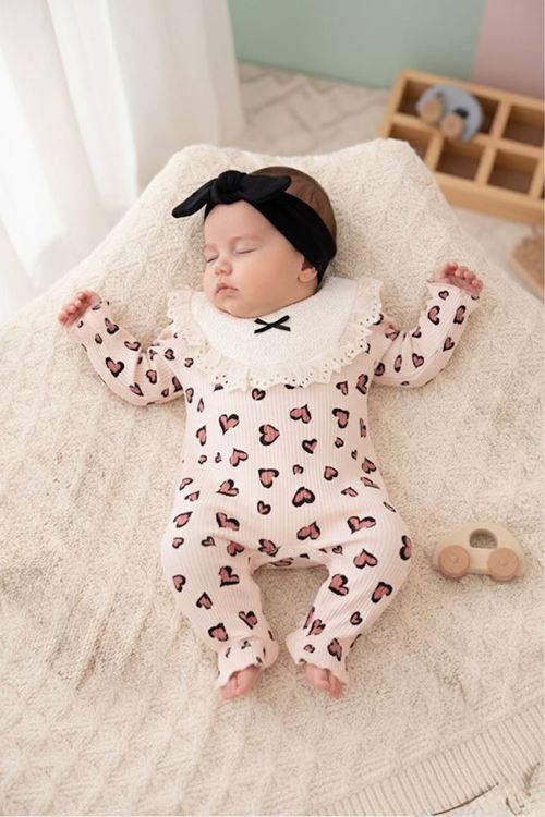 Miniğimin Cicileri Leopar Kalp Desenli Kız Bebek Tulum - Bej