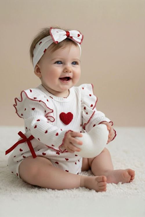 Miniğimin Cicileri Kalp Desenli Kız Bebek Tulum ve Bandana - Beyaz