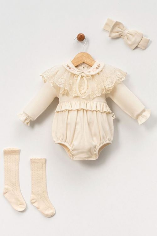 Miniğimin Cicileri Dantel Detaylı İşlemeli 5 Parça Hastane Seti - Krem