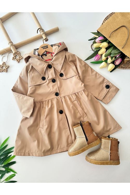 Miniğimin Cicileri Astarlı Kapüşonlu Kız Çocuk Bondip Trenç - Camel