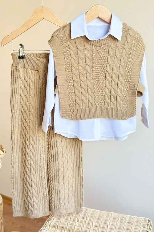 Miniğimin Cicileri Sarmal Çizgi Detaylı Gömlekli Bağlamalı 3 lü Triko Takım - Camel