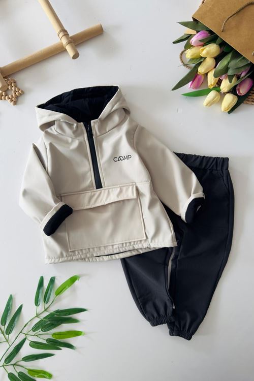 Miniğimin Cicileri Paraşüt Kapüşonlu Erkek Çocuk 2 li Takım - Krem
