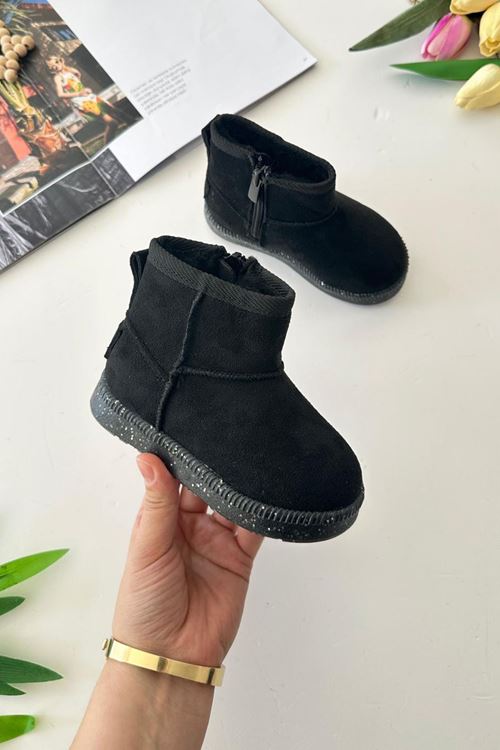 Miniğimin Cicileri İçi Kürklü Tabanı Simli Işıklı Süet Kız Çocuk Kışlık Bot - Siyah