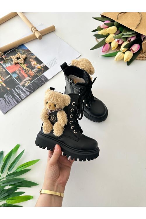 Miniğimin Cicileri Peluş Ayıcık Detaylı Premium Kız Çocuk Postal Bot - Siyah