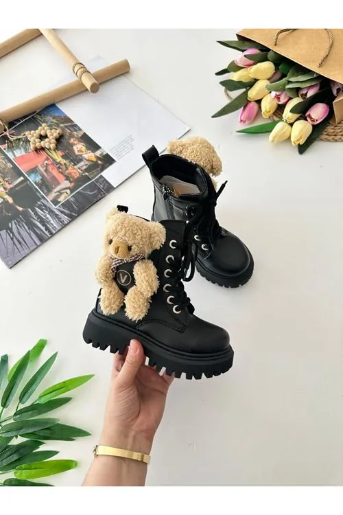 Miniğimin Cicileri Peluş Ayıcık Detaylı Premium Kız Çocuk Postal Bot - Siyah