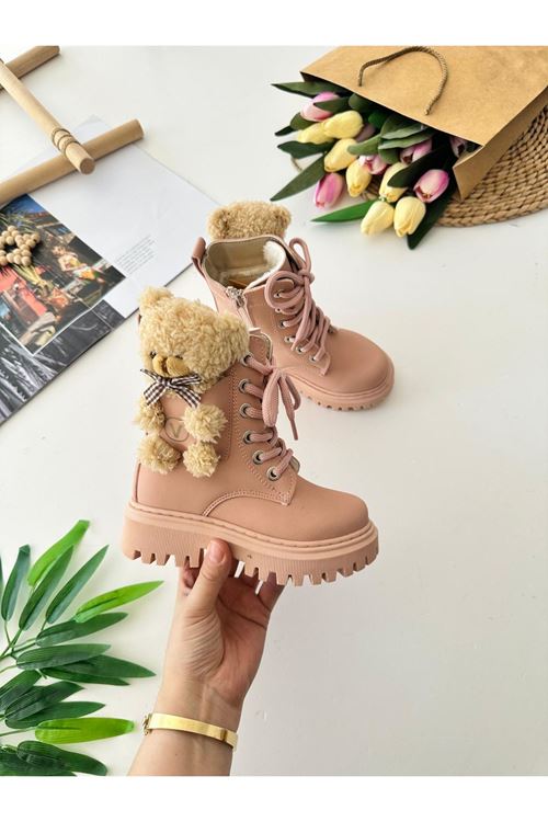 Miniğimin Cicileri Peluş Ayıcık Detaylı Premium Kız Çocuk Postal Bot - Pudra