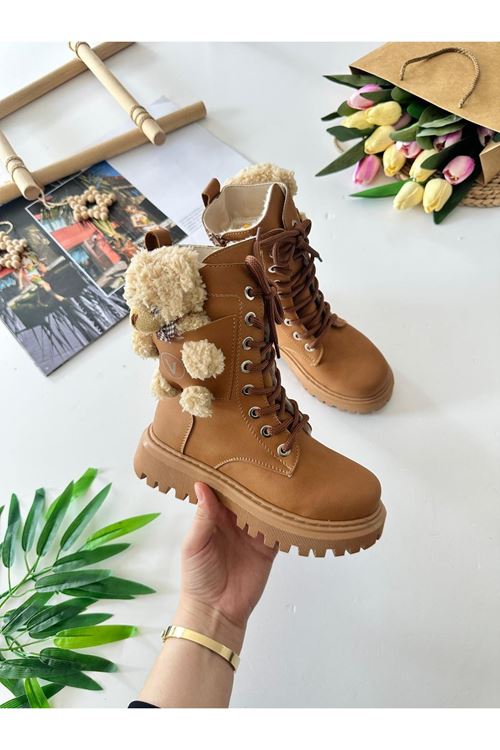 Miniğimin Cicileri Peluş Ayıcık Detaylı Premium Kız Çocuk Postal Bot - Taba