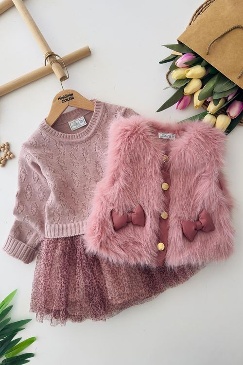 Miniğimin Cicileri Kürklü Fiyonk Detaylı Leopar Tüllü Premium Kız Çocuk Elbise Takım - Pembe
