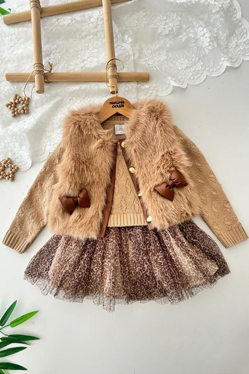 Miniğimin Cicileri Kürklü Fiyonk Detaylı Leopar Tüllü Premium Kız Çocuk Elbise Takım - Kahverengi