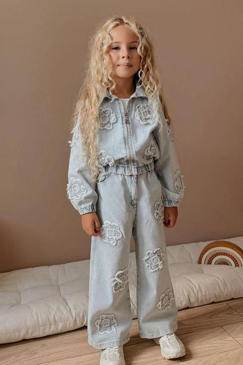 Miniğimin Cicileri Papatya Detaylı Kız Çocuk Kot 2 li Takım - Buz Mavisi