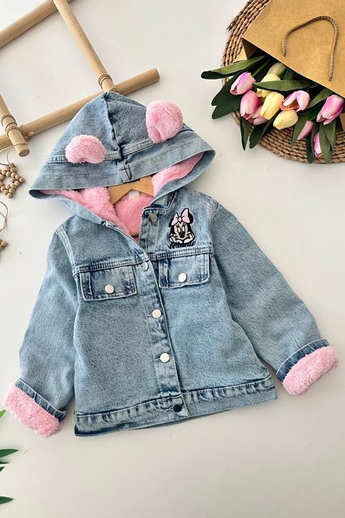 Miniğimin Cicileri Krm İşleme Çift Renk Kapüşonlu Peluş Kız Çocuk Mont - Pembe