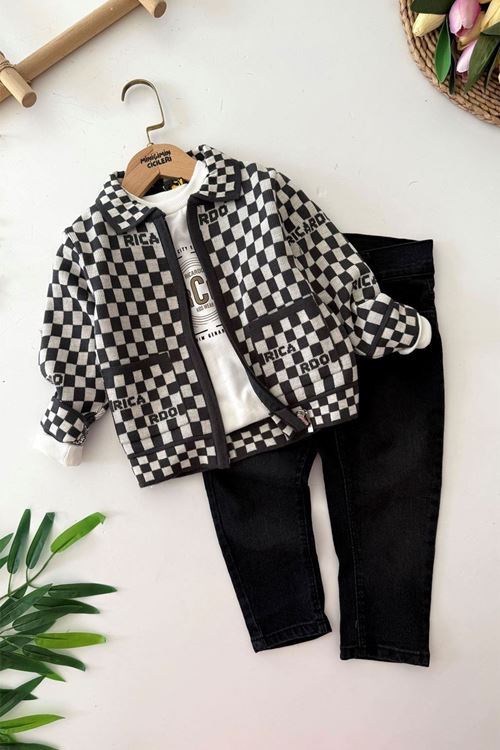 Miniğimin Cicileri Damalı Triko Hırkalı Erkek Çocuk 3 lü Takım - Antrasit