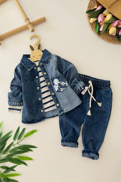 Miniğimin Cicileri Mcky Baskılı 3 lü Kot Erkek Bebek Takım - Mavi