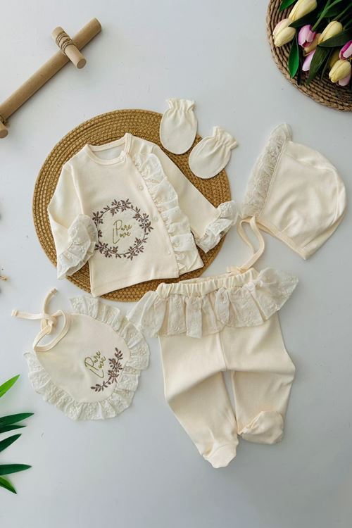Miniğimin Cicileri Güpür Detaylı İşlemeli Kız Bebe 5 li Hastane Çıkışı Set - Krem