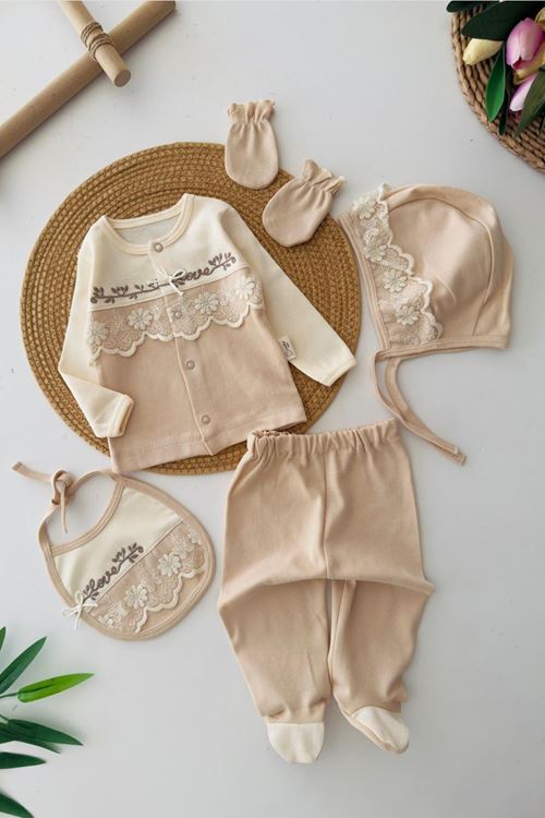 Miniğimin Cicileri Dantel Çiçek Detaylı 5’li Organik Kız Bebek Hastane Çıkış Seti - Bej