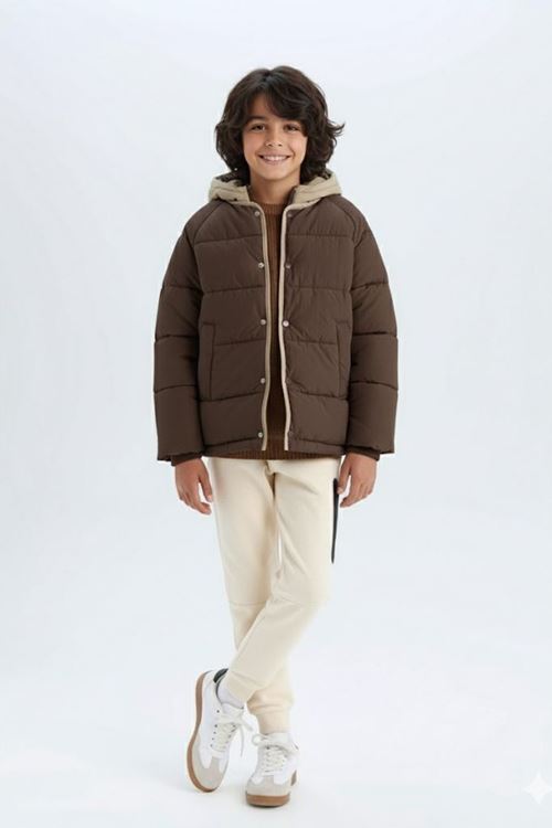 Miniğimin Cicileri Su Geçirmez Kapüşonlu Kışlık Erkek Çocuk Mont - Acı Kahve