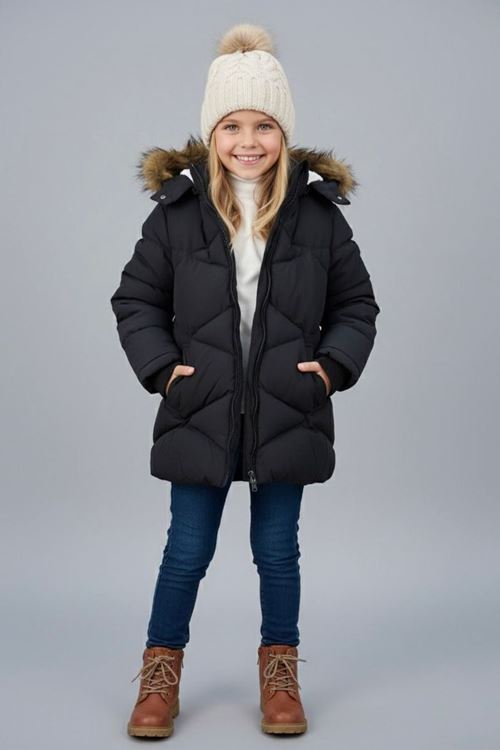 Miniğimin Cicileri Kürk Kapüşonlu Dikiş Desenli Şişme Kız Çocuk Mont - Siyah