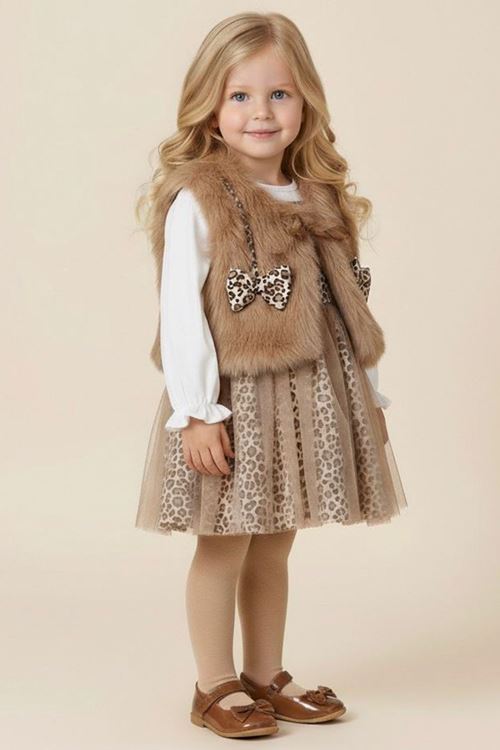 Miniğimin Cicileri Kürklü Fiyonk Detaylı Leopar Tüllü Premium Kız Bebe Elbise Takım- Kahve