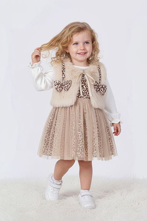 Miniğimin Cicileri Kürklü Fiyonk Detaylı Leopar Tüllü Premium Kız Bebe Elbise Takım- Bej